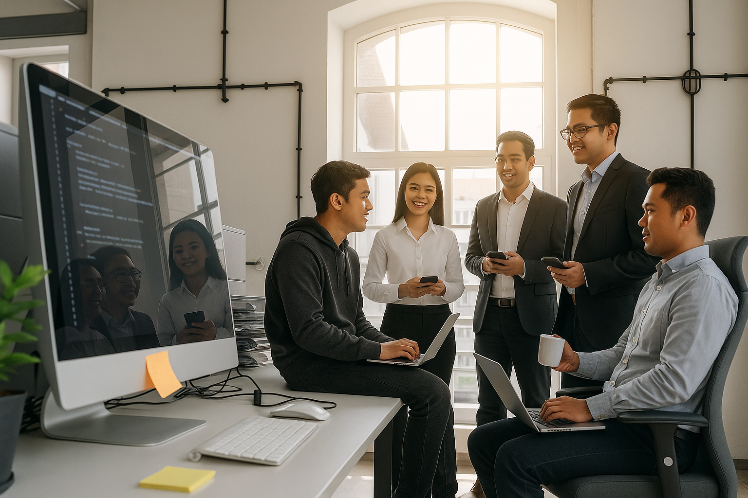 A dynamic team collaborating over a complex problem on a whiteboard
